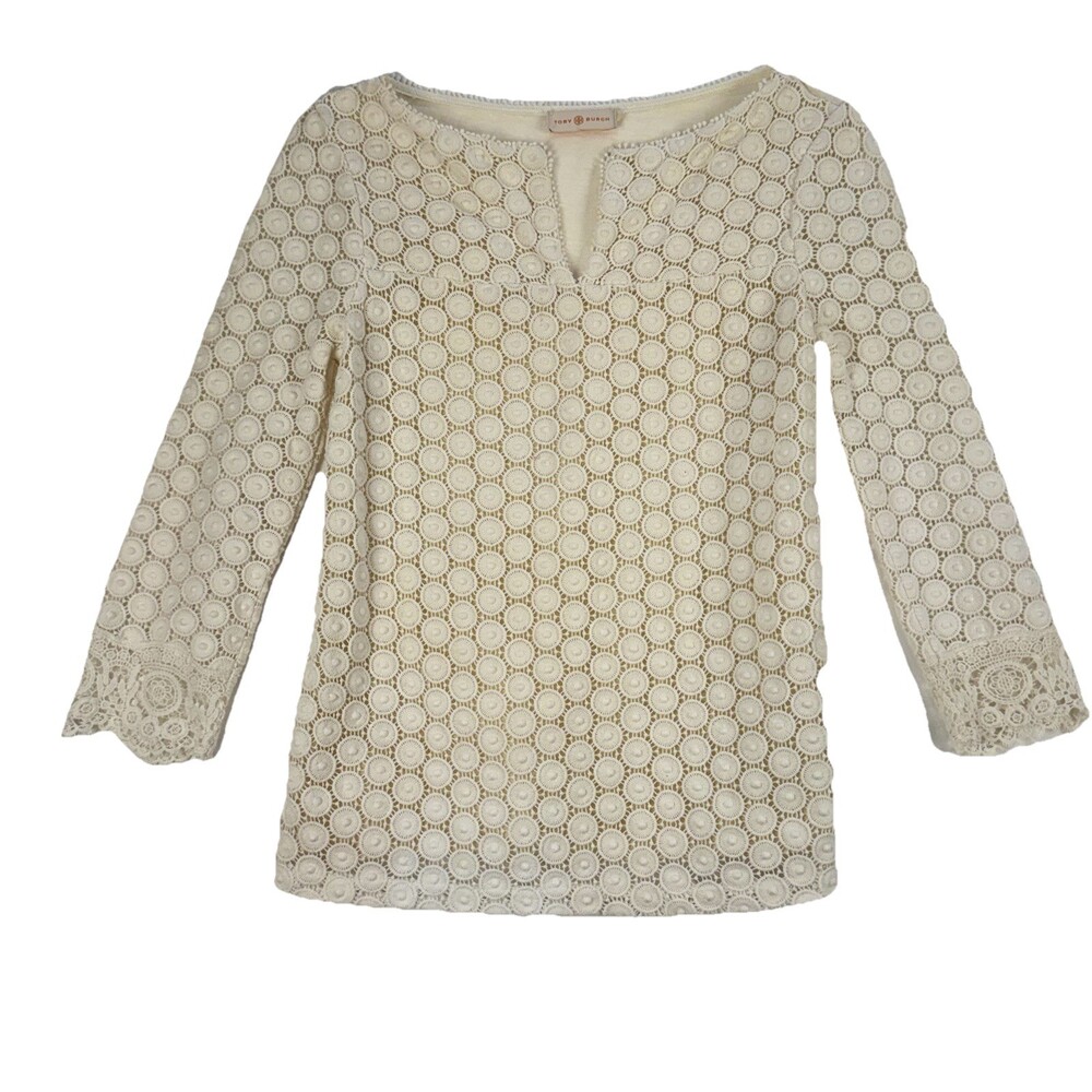 Tory Burch Ivory Crochet Lace Tunic Coquette Elegant‎ Resort Wear Boho Lined S